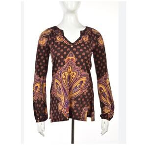 Vintage Lucky Brand Womens Tunic Top M Brown Boho Y2K Paisley Hippie Festival